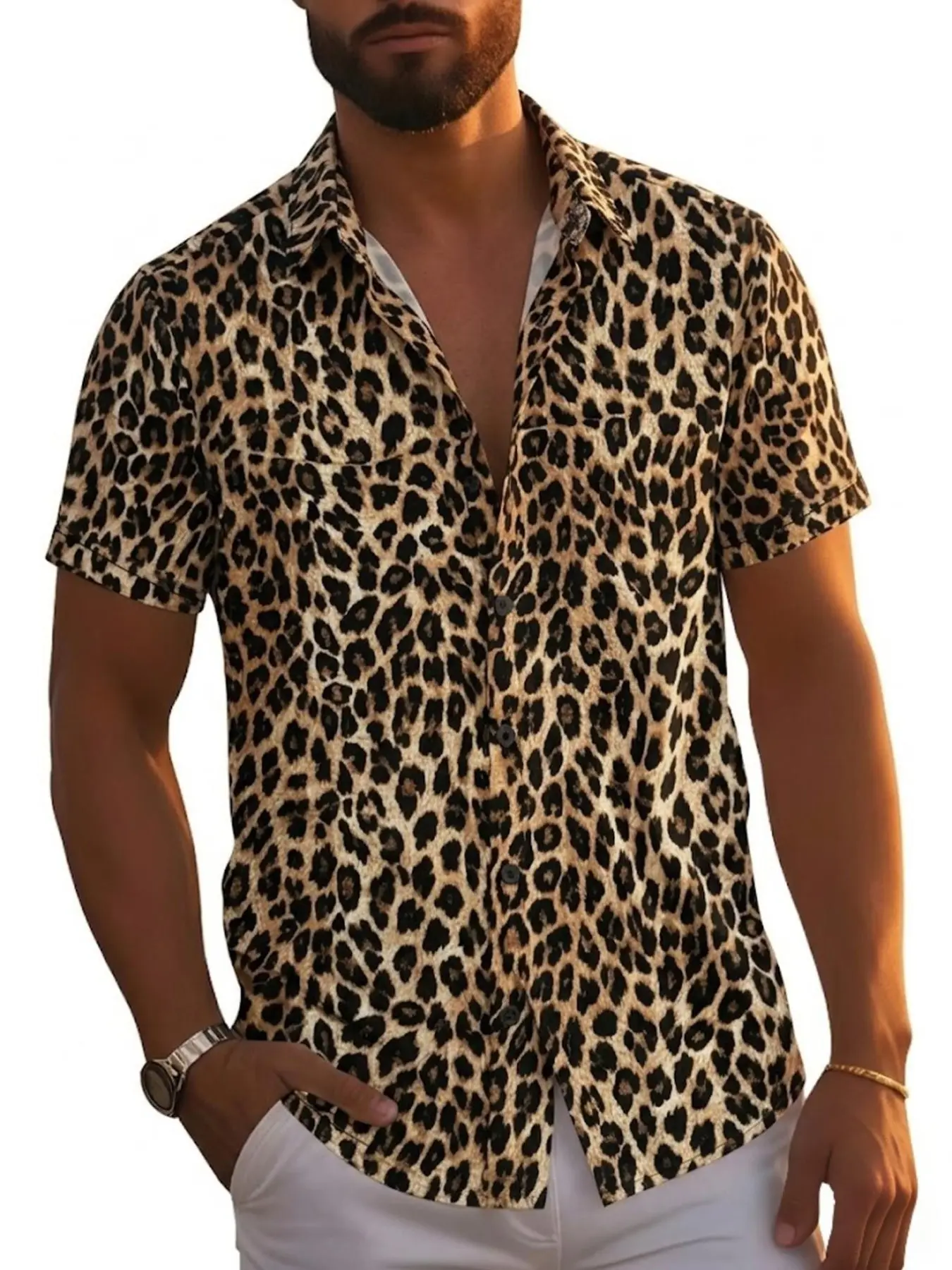 Luxury Leopard Print Men's Short Sleeve Button Down Shirt | Menswear Slim Fit Vintage Animal Printed Lapel Summer Top for Beach Party, Club & Streetwear Fashion