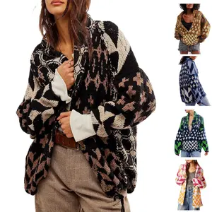 SCUSTY Women's Autumn Sweater Cardigans Graphic Button Down Collar Knitwear Long Sleeves Y2K Oversized Print Coat