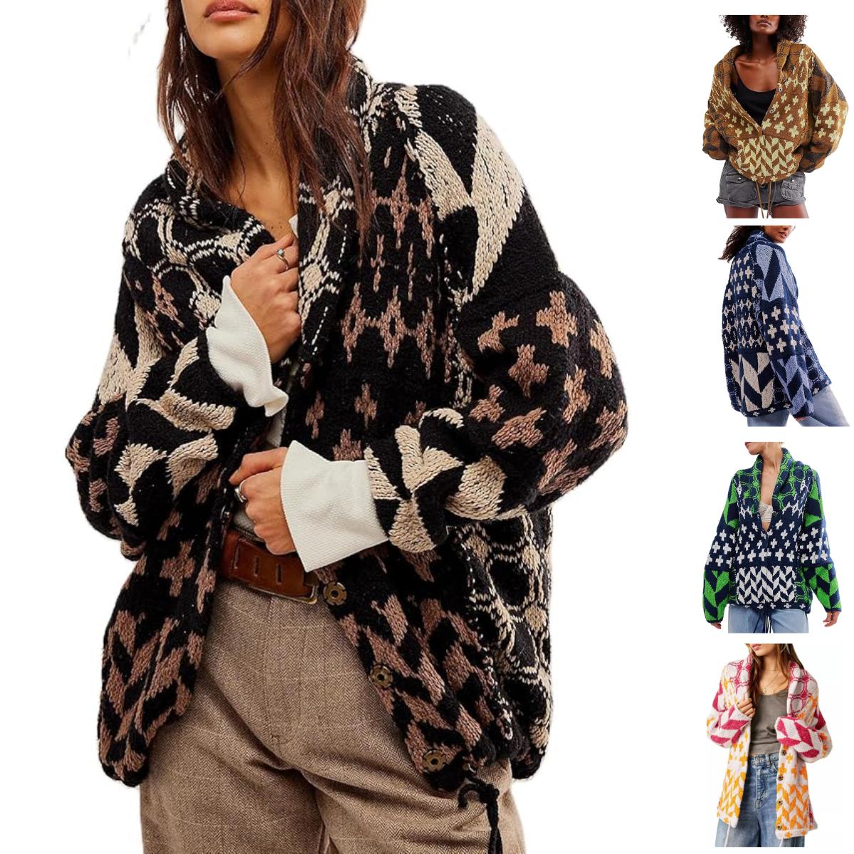 SCUSTY Women's Autumn Sweater Cardigans Graphic Button Down Collar Knitwear Long Sleeves Y2K Oversized Print Coat
