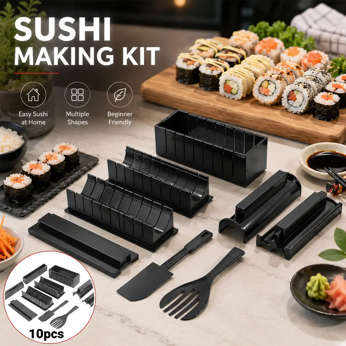 10PCS Sushi Making Kit, Sushi Rice Roll Mold Shapes, Sturdy and durable, Easy To Use, DIY Sushi Tools for Rice and Vegetable Rolls, Gift Set, Kitchen Utensils, Kitchen Gadgets