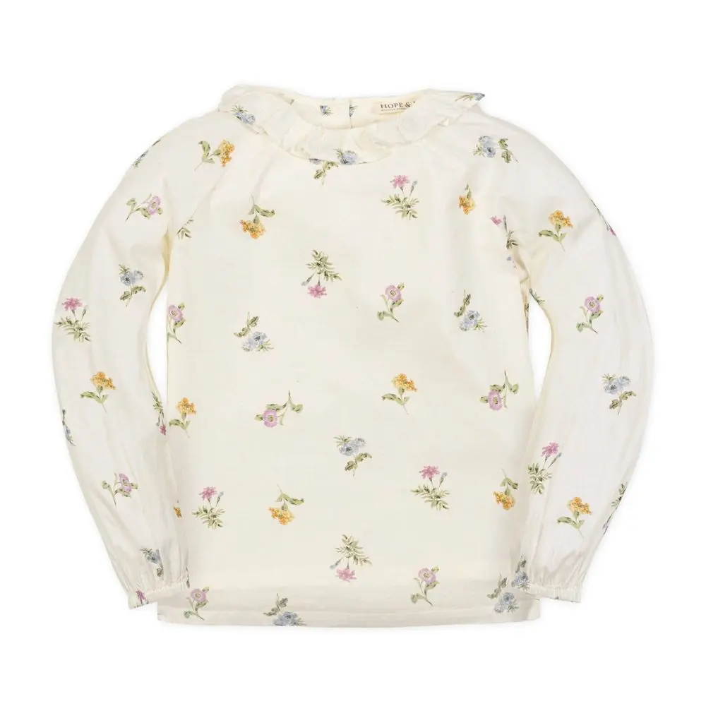 Hope & Henry Girls' Affordable Organic Long Sleeve Ruffle Collar Button Blouse/Shirt, Harvest Floral, At Hip, Size 10, Affordable Fashion, Machine Wash Tumble Dry