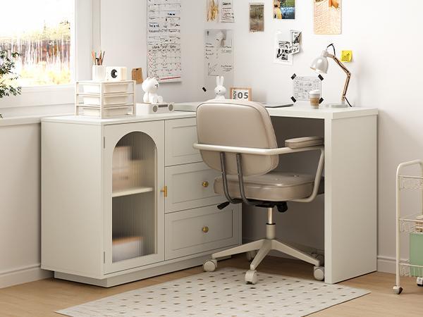 【Summervibes】RoyalCraft L 2-in-1 Makeup Vanity Desk & Office Desk, Multifunctional and Space-Saving Extendable Corner Table with Drawers, No Mirror, Dressing Table for Bedroom, Vanity Desk for Working, Studying, Drawing, Sewing, Nail Care (White, Beige)