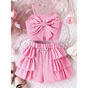 Girls' 2pcs Summer Outfit Set - Bow Decor Tank Top & Short Set, Casual Loose Fit, Solid Color, Polyester, Perfect for Outdoor Activities