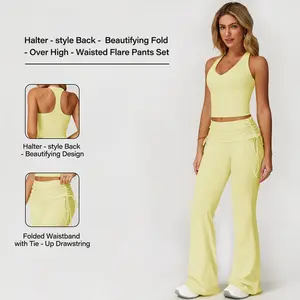 NVWA Women's 2-Piece Nylon Blend Quick-Dry Backless Halter Top & Bell Bottoms Yoga Set, Yoga Lounge Suit, Gym Wear, All-Seasons Workout Sets