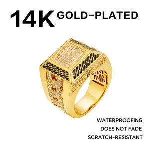 14K Gold Plated Cuban Link Ring Iced Out Gold Statement Ring CZ Simulated Diamond Stackable Ring Unique Hip Hop Square Eternity Bands for Women and Men