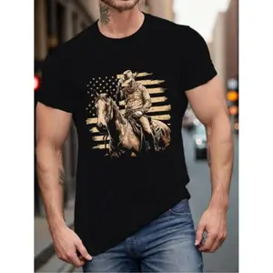 Men Cowboy Horse Print T Shirt Casual Summer Short Sleeve Round Neck Knit Top Breathable Fabric Designed in USA