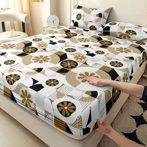 3pcs Geometric Fitted Sheet Set, All-Season Mattress Protector, Fashionable Classic Soft and Comfortable Deep Pocket Breathable Bedding, Bedroom Guest Room Decoration (1 Fitted Sheet + 2 Pillowcases, No Filler)