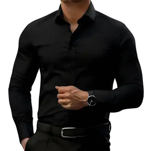 Non-stretch slim-fit long-sleeve men’s shirt; casual button-front shirt suitable for semi-formal occasions and business-casual settings; men’s formal layering piece; solid color pointed-collar button-front long-sleeve shirt; menswear