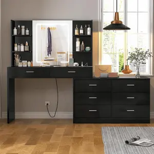 Vanity Makeup Desk With LED Light Mirror & Power Outlet Christmas Gifts, 8 Drawers, 6 Storage Shelves, 3 Color Modes & Adjustable Brightness Dressing Table, Corner Vanity, L Shape Change, 39.4"Desk wooden
