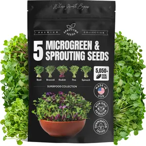 Microgreens & Sprouting Seeds Variety Pack – 5 Varieties for Indoor Growing & Hydroponic Use, Non-GMO Heirloom, 5,050 Seeds Total – Basil, Broccoli, Radish, Pea & Spinach