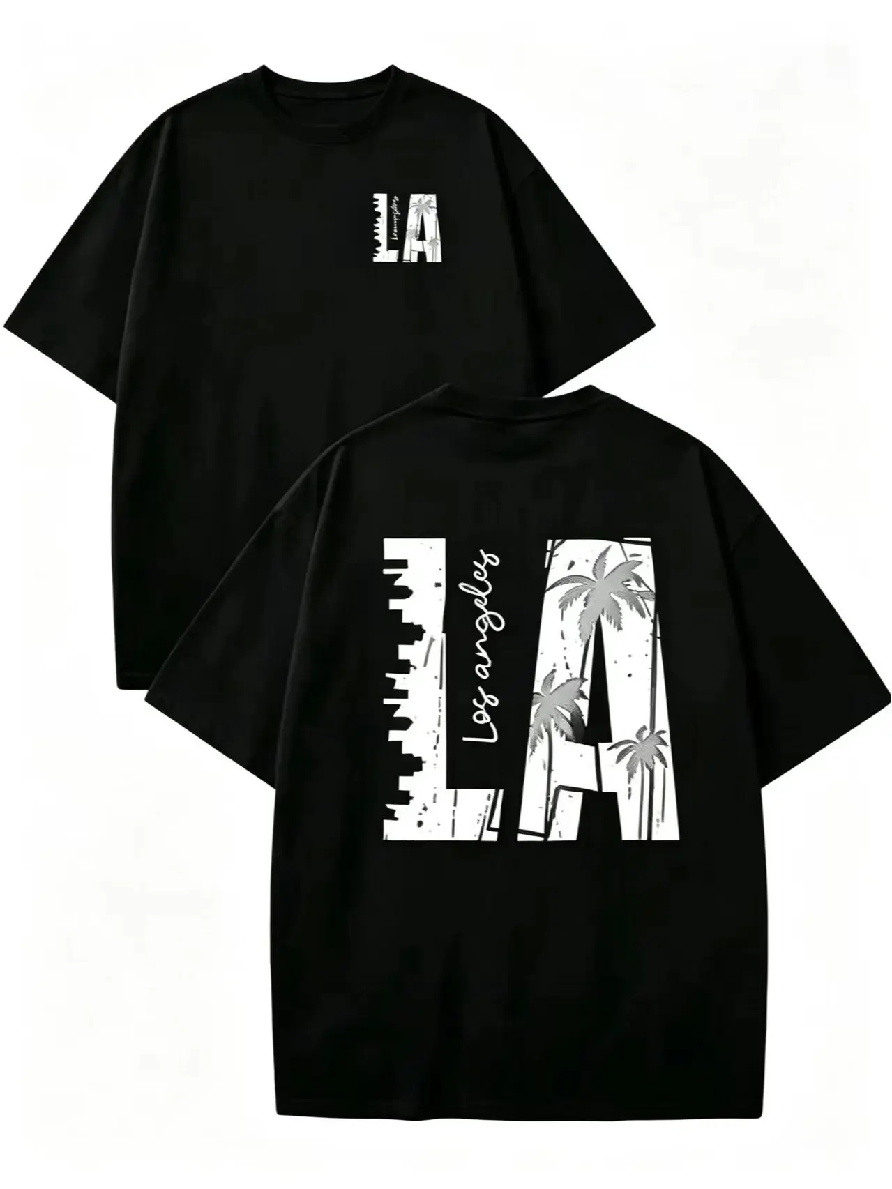 Men's Oversized Graphic T-Shirt, 100% Cotton Streetwear Shortsleeve Top with Front and Back LA Palm Tree Skyline Print, Tshirt, Casual, Male, Crew Neck, La City, Machine Washable, Permanent Press Cycle