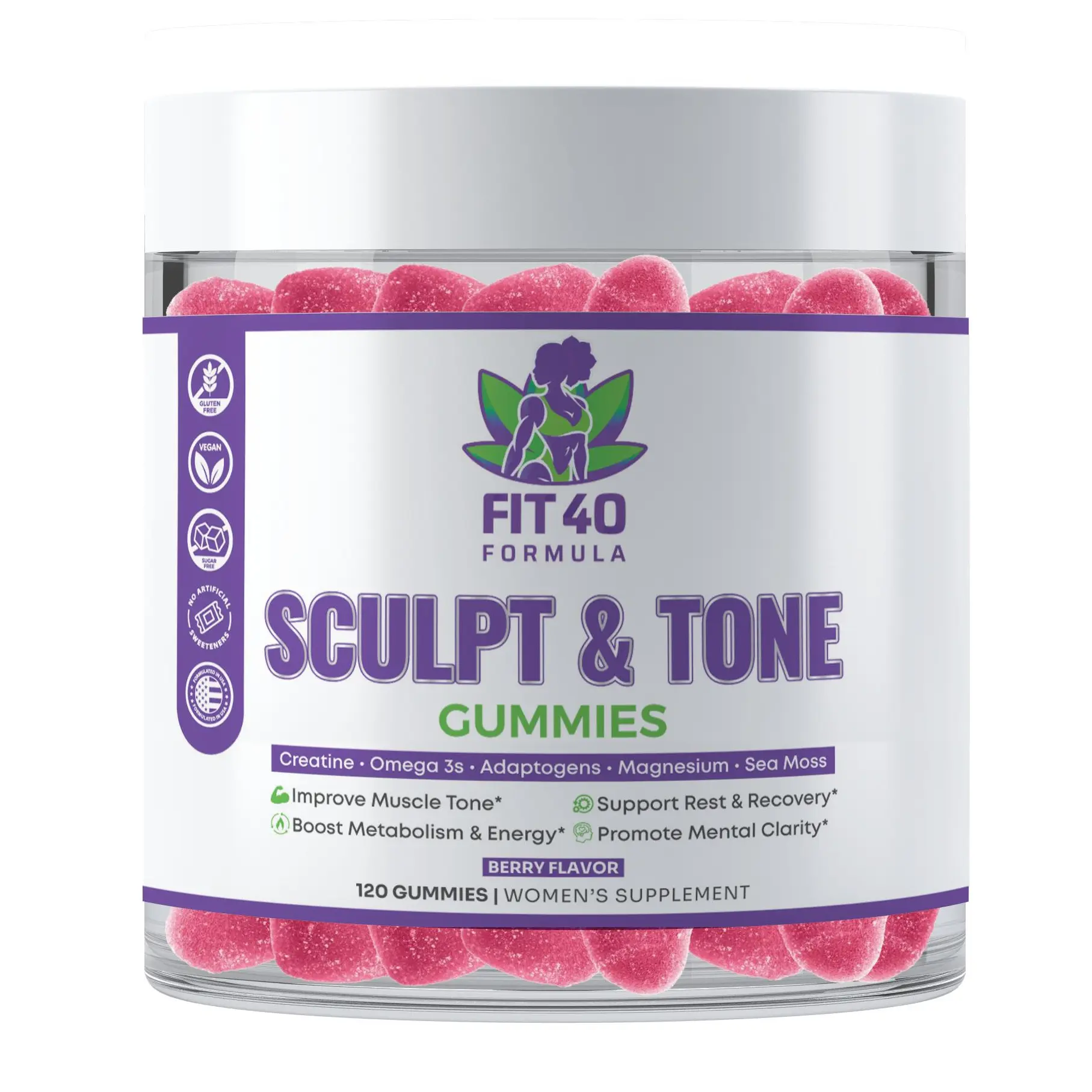 Fit40 Sculpt & Tone Gummies - Edibile Fitness Supplement for Women 40+ (Creatine, Magnesium, Tart Cherry, Sea Moss, and More - Natural Muscle Tone & Energy