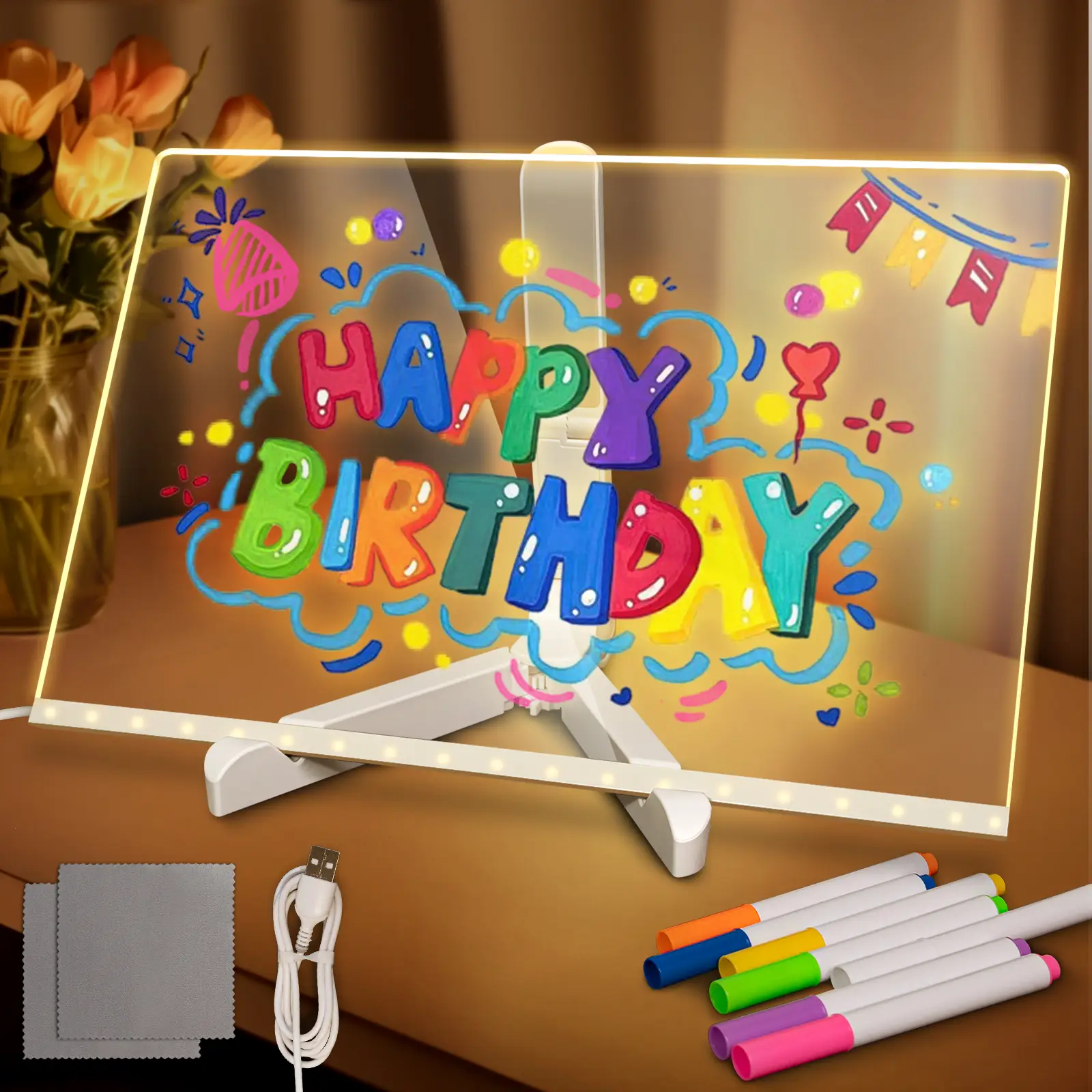LED Message Board with 7 Pens Acrylic Light-Up Board for Desk/Class/Home - Dry Erase Gift w/Base & Markers for Teachers, Friends
