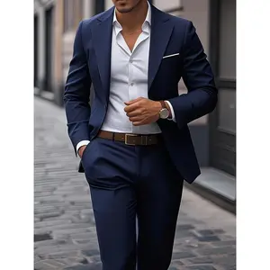 Men’s 2-Piece Suit Set – Formal business attire with jacket and trousers, slim fit non-stretch fabric, button-up lapel collar, long sleeves, solid color, all-season wedding party wear, business attire, sleek design, stylish men
