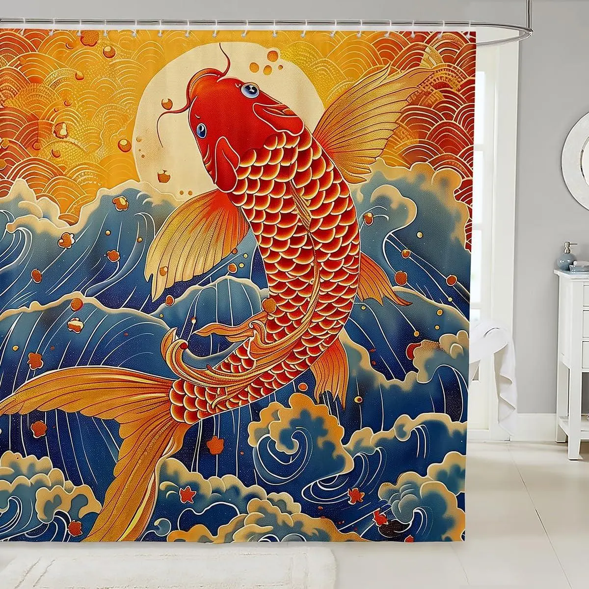 Koi Fish Shower Curtain Japanese Wave Bath Curtain Ukiyoe Theme Bathroom Waterproof Accessories with 12 Hooks Yellow Blue Waterproof Polyester