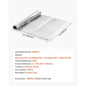 VEVOR Double Reflective Insulation Sheet, 16PCS Double-Sided Aluminum Foil Radiant Barrier, 6mm 24 inx 4 ft, Dual-Layer Air Bubble Heat Reflective Shield, Thermal Insulation Rolls