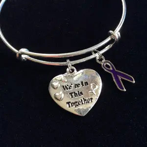 We're in this together Purple Awareness Ribbon Bracelet Expandable Adjustable Silver Wire Bangle Trendy Gift (Other Awareness Ribbons Available)