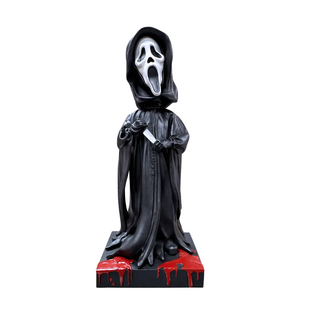 Ghost Face Bobblehead Horror Collectible - Masked Figure, Slasher Icon, Adult Ghost Figurine, Statues & Bobbleheads with Hooded Cloak, Smooth Spring Action, Resin Body, Blood-Dripping Base - for Abe's Gifts Washington DC
