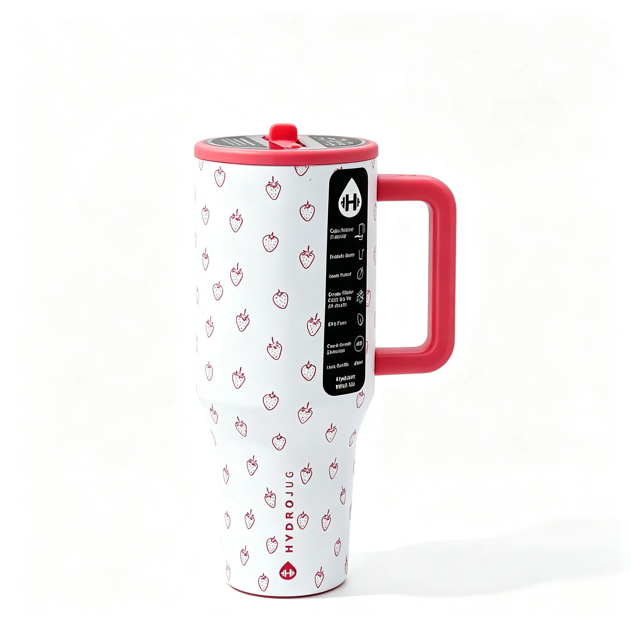 HydroJug 40oz Stainless Steel Insulated Hydration Tumbler Flask - With Handle & Straw, Cute Strawberry Print, Leakproof, BPA-Free, 24-Hour Insulation, Modern Portable for Car & Travel Use