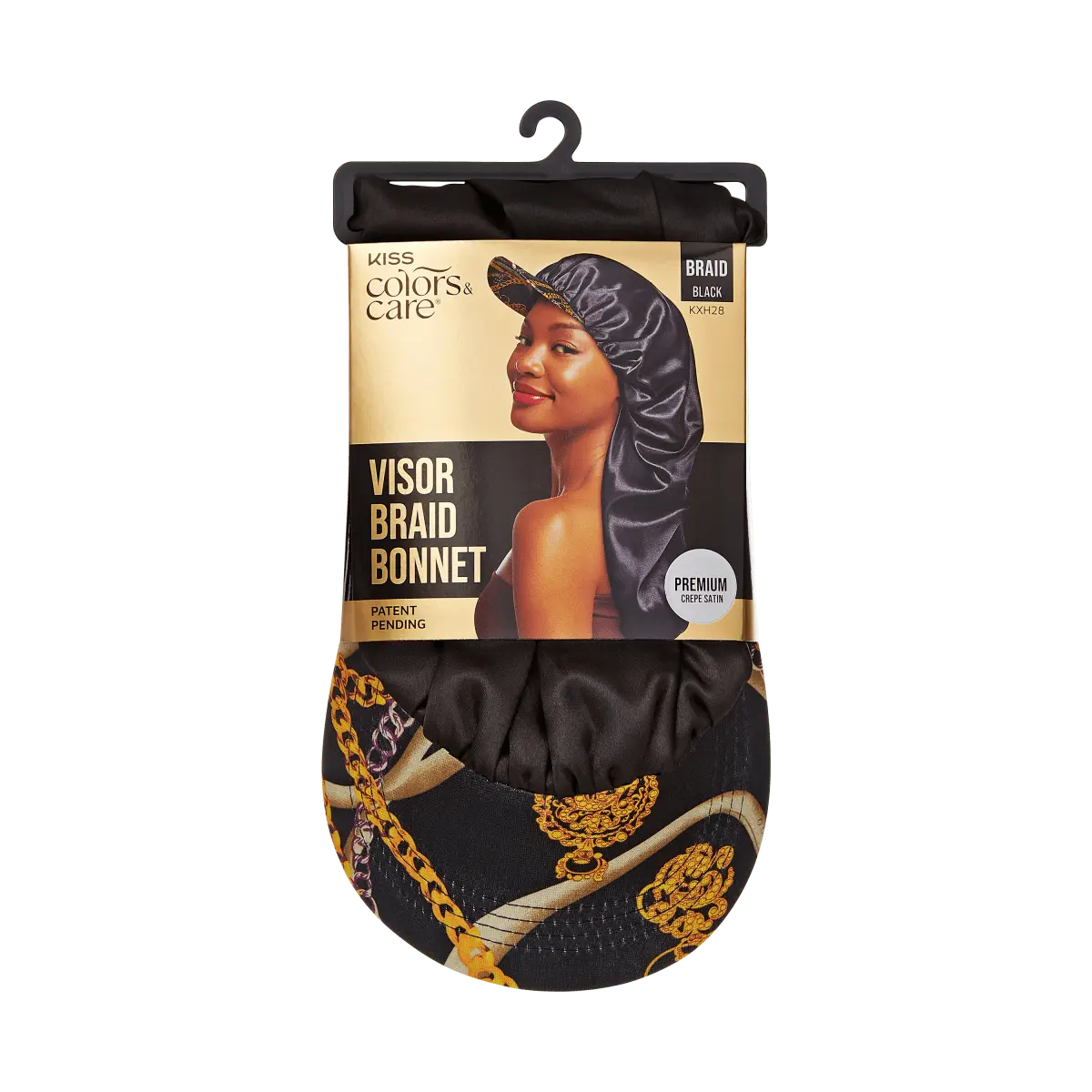 Kiss Colors & Care Silky Satin Visor Bonnet Cap - Braid Black | Silk Bonnet, Day & Night, Hair Accessories