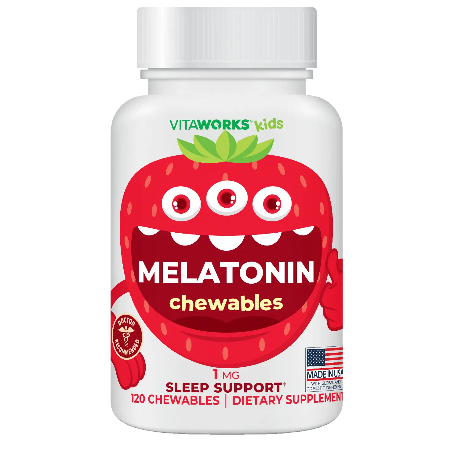 VitaWorks Kids' Natural Berry Flavored Melatonin Chewable Dietary Supplement - 1mg with L-Theanine, 120 Count, Dairy-Free