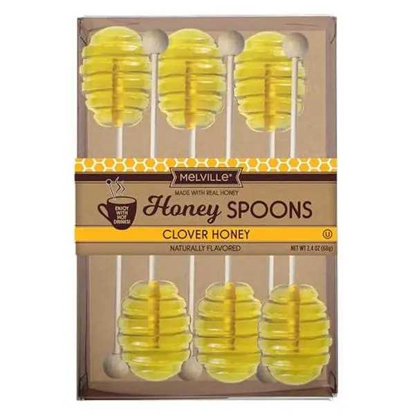 Melville Candy All Natural Honey Spoon Gift Set – Spoons & Lollipops on Wooden Ball Sticks – Gluten-Free, Made in USA Stirrers for Tea, Coffee, & Hot Beverages - Individually Wrapped (6-count, Honey Dipper)