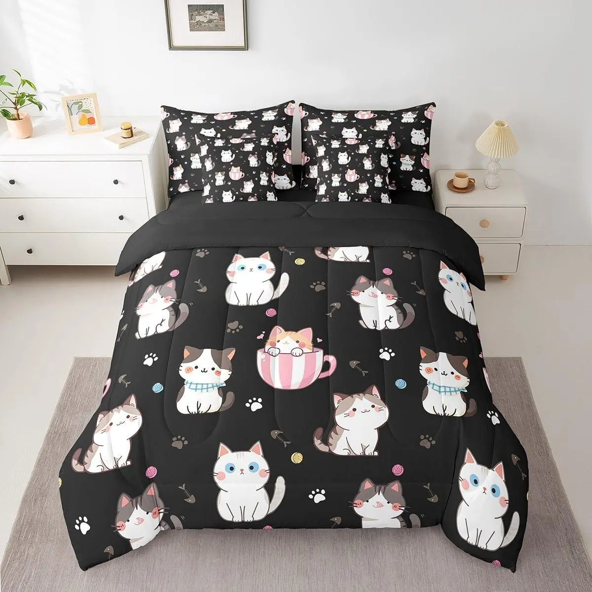 Cat Bed in a Bag Cats Print Comforter Set with Sheets Cute Cartoon Design 7 Pieces Bedding Set Bedroom Decor Cute Kitten Bed Set Animal,Black