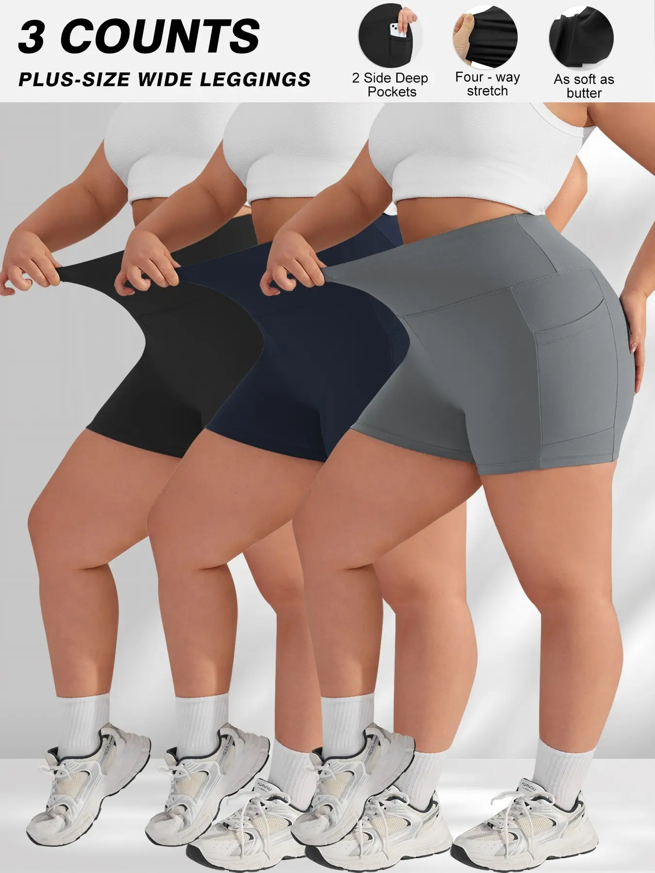 Plus Size Women's Three-Pack High-Waisted Yoga Shorts, Running Yoga Shorts, Gym Shorts, Fitness Yoga Shorts, Phone Pocket Sports Bottoms, Casual Workout Pants, Daily Wear Activewear, Yoga Shorts with Pockets