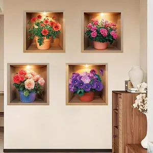 3D Simulation Potted Flower Wall Sticker, Realistic Rose and Peony Pattern Wall Decal, Easy to Stick and Tear PVC Material Wall Decor for Home Living Room Bedroom, Ornaments