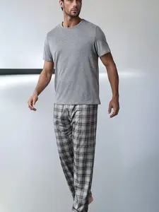Men's Sleepwear Loungewear Pajama Set, Casual Printed Short Sleeve Round Neck T-Shirt & Plaid Pants, Spring Summer Fall Home Wear
