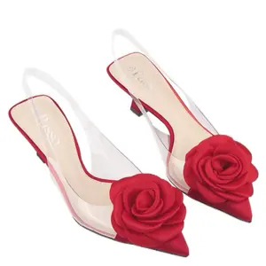 Charlotte Rose Women's Heel Sandal Summer Party Wear with Rose Accents and Clear Footwear - Shoe Walking Shoes