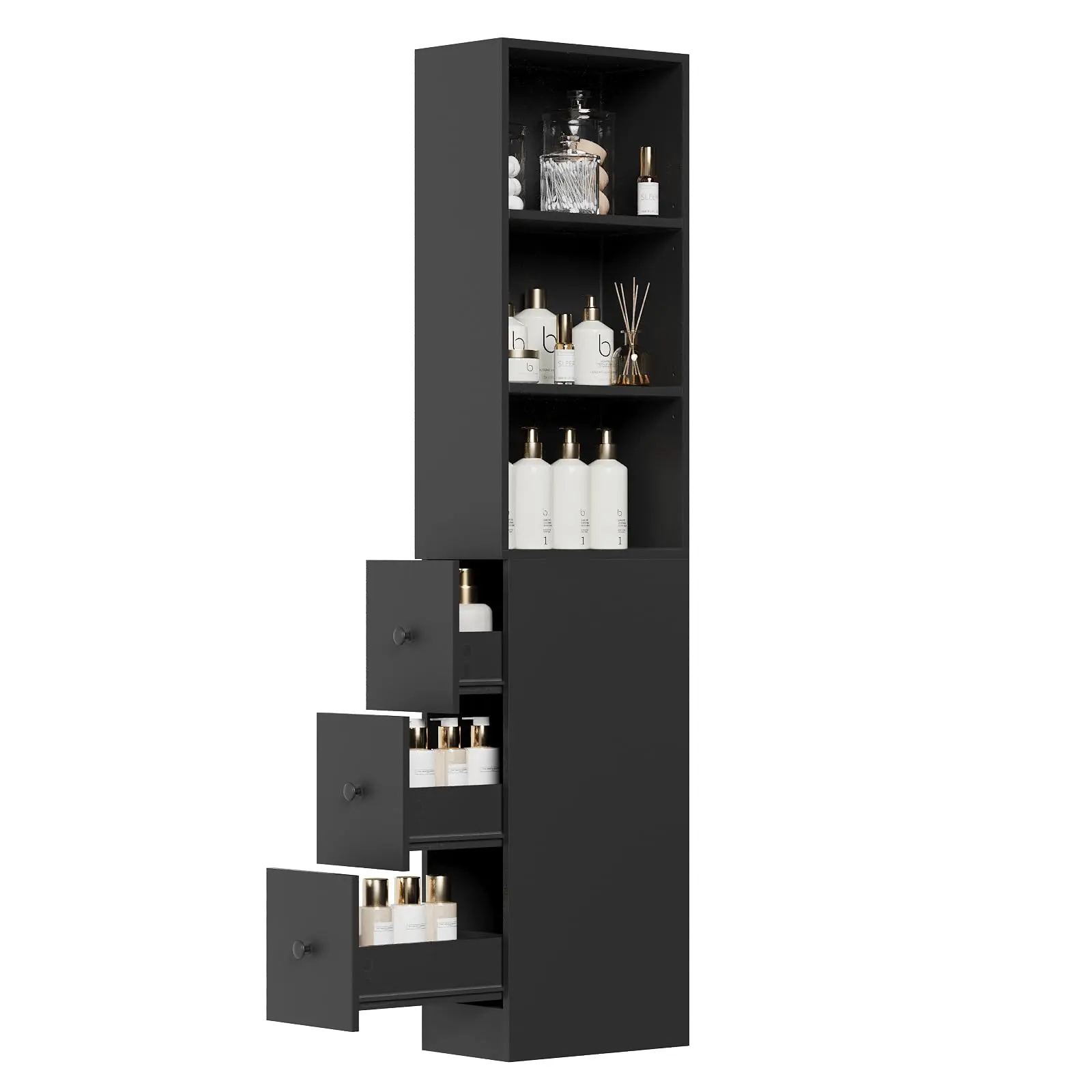 Tall Narrow Free Standing Bathroom Storage Cabinet with 3-Level Adjustable Shelves Home - Space Saver for Living Room Kitchen - Classic Black IF122