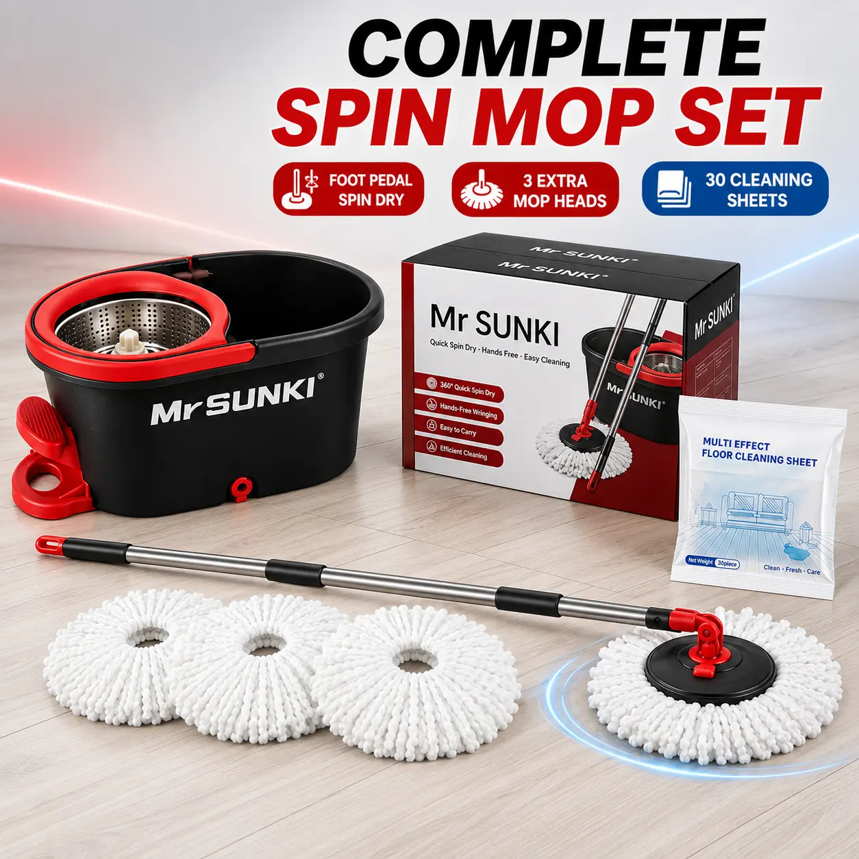 Bucket Set with Foot Pedal and Spin Mop, 5L Large Capacity Stainless Steel Wringer System, 60" Extendable No-Bending Handle, Hands-Free Mop Head Replacement, Includes 3 Refills & 30 Cleaning Sheets, Polyester, Sturdy