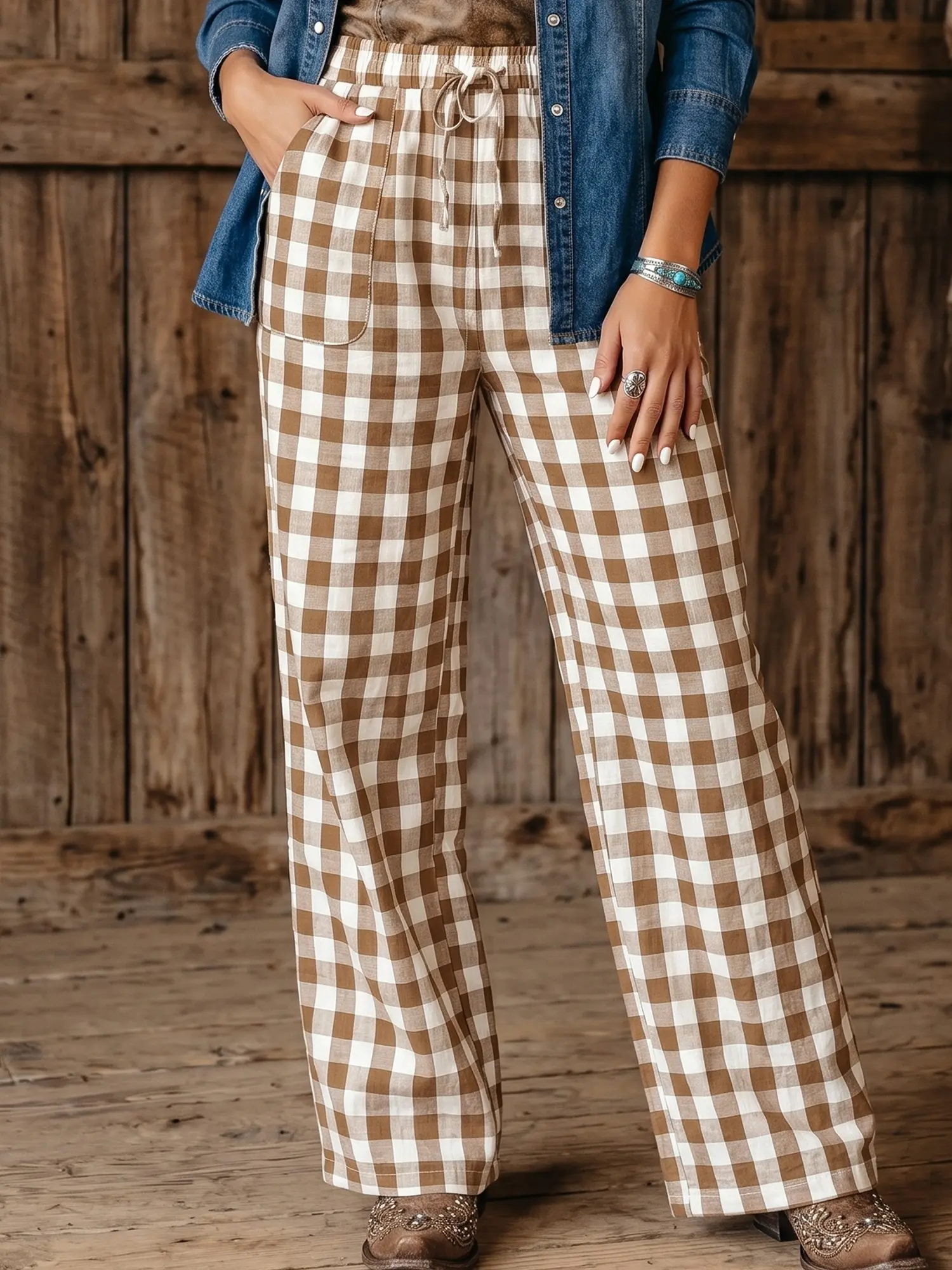 Women's 100% Cotton Brown Gingham Plaid High Elastic Waist Drawstring Shift Pants Casual Preppy Wide Leg Trousers With Pockets Daily Wear