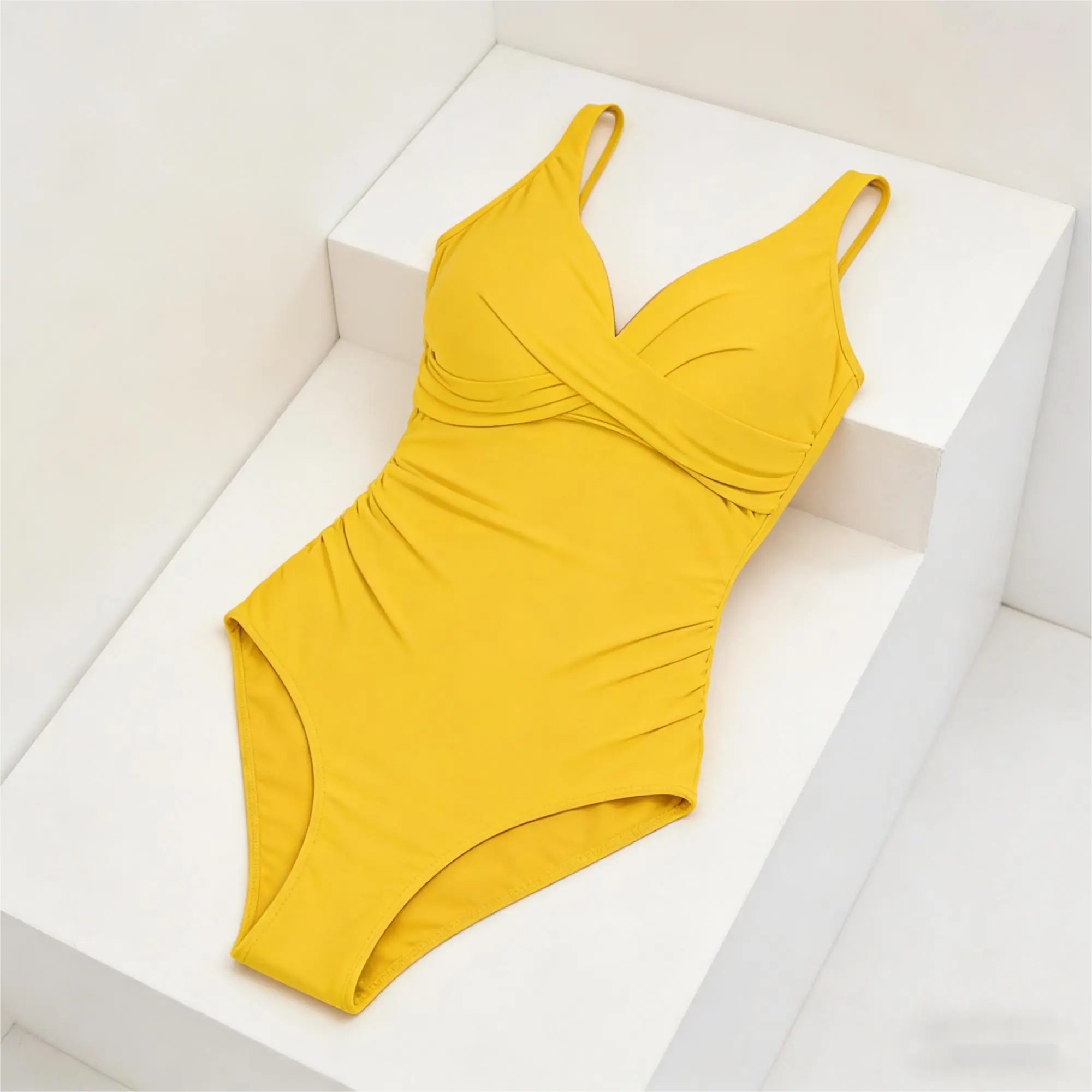 Trendy Yellow Ruched One Piece Swimsuit Twist Front V-Neck Tummy Control Bathing Suit Comfortable Supportive Swimwear Perfect for Summer Pool Parties, Beach Trips & Cruise Wear