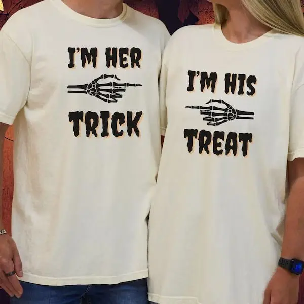 Im Her Trick Im His Treat Matching Comfort Color Shirts, Cute Skeleton Couple Tees, Couples Halloween Costume Shirts | GHINI