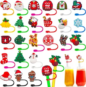 24 count Christmas Straw Toppers, Christmas Straw Cover Cap for Cup, Xmas Holiday  Straws Lid Cute  Drinking Straw Toppers for Tumbler Snow Santa Straw Caps