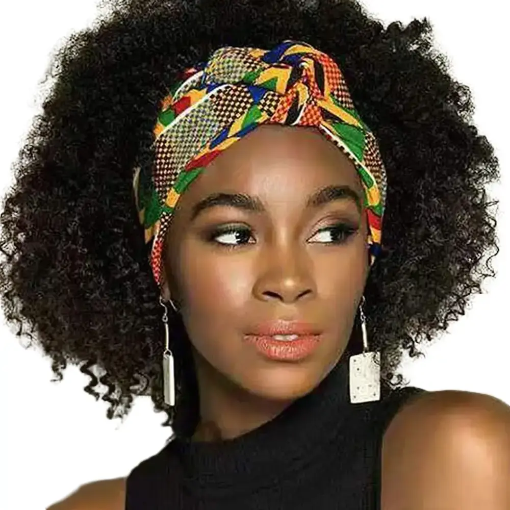 Short Afro Curly Headband Wigs for Black Women,Deep Curly Black Wigs with Headband Attached Scarf Wigs