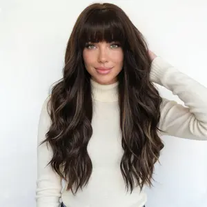 Loni Plus -DWY New Technology! Bionic Silk Top 24-Inch Long Wave Dark Brown Glueless Synthetic Wig with Bangs for Women High-Quality Premium Fiber Easy Wear Comfortable Fit