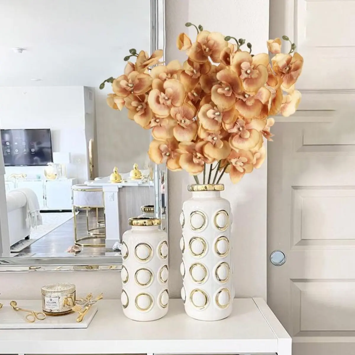 6-Pack Silk Artificial Phalaenopsis Flower Bouquet, 26.7in White Orchid Bouquet for Home Decor, Study, Balcony, Bathroom, Wedding Party, Window Decorations