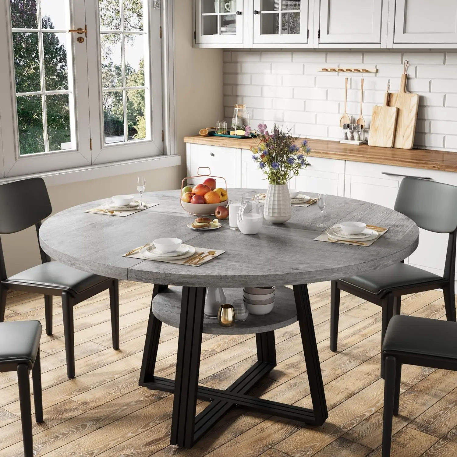 Gaomon 47.2 in Heavy-Duty Round Dining Table - 2-Tier Wood Farmhouse Style with Functional Storage, Compact Casual Design, Seats 4-6, for Kitchen & Dining Room, Grey, 2-Tier Dining Tables