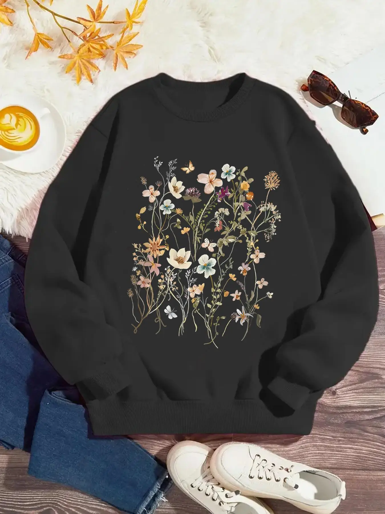 Girl's Floral Print Round Neck Sweatshirt, Casual Long Sleeve Crew Neck Pullover for Fall & Winter, Kids Clothes for Daily Wear