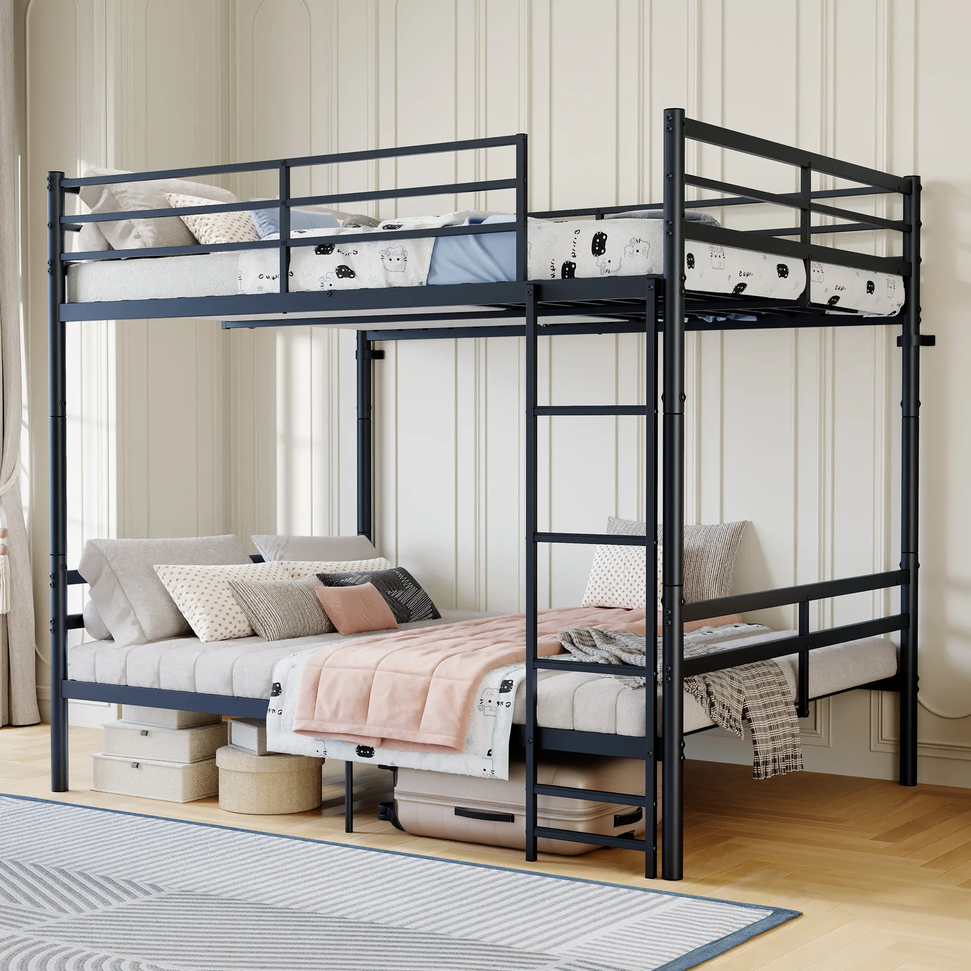 Full-Size Metal Bunk Bed with High Guardrails, Floor Ladder, 19 Slats, 450 lbs Capacity, Converts to Two Beds, Under-Bed Storage, Black