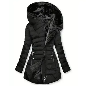 ZipperedHoodedDownJacket,CasualLongSleevePocketFauxFurLinedWarmWinterJacket,Women'sFabricWomenswear
