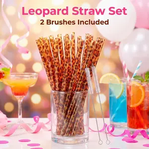 20 Reusable Leopard Print Straws + 2 Cleaning Brushes, Colorful Plastic Hard Straws for Mason Jars, Home or Party Use