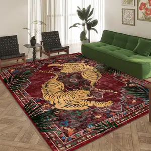 Vintage Tiger & Plant Pattern Animal Print Rug, Animal Printed Rug, Non-slip Washable Floor Mat, Decorative Carpet for Home Living Room Bedroom Hotel
