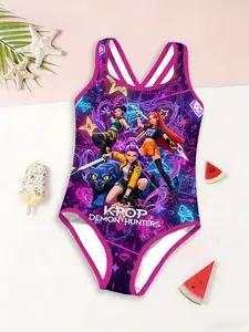 Girls Kpop Series One-Piece Swimsuit, Cyberpunk Cartoon Anime Print Fashion Swimwear, Back Cross Straps Beach Vacation New Swimsuit, Triangle Bathing Suit Kid