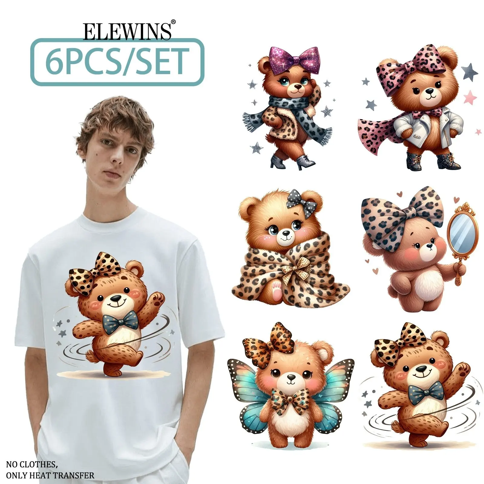 6 Cute Teddy Bear DTF Heat Transfer Stickers, Vinyl Iron-On Decals for T-Shirts, Hoodies, Jeans, Bags and Cushion Covers, Easy to Use Fabric DIY Crafts, DIY Crafts Supplies