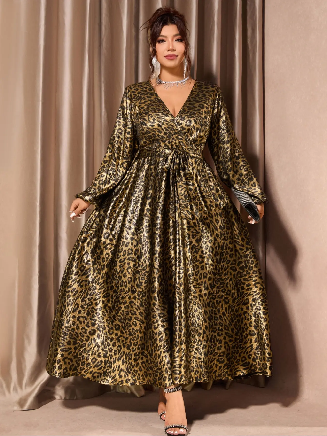 chinese dress ladies Elegant Strap Leopard Print Ruffle Maxi Dress – EDITE MODE main image 0