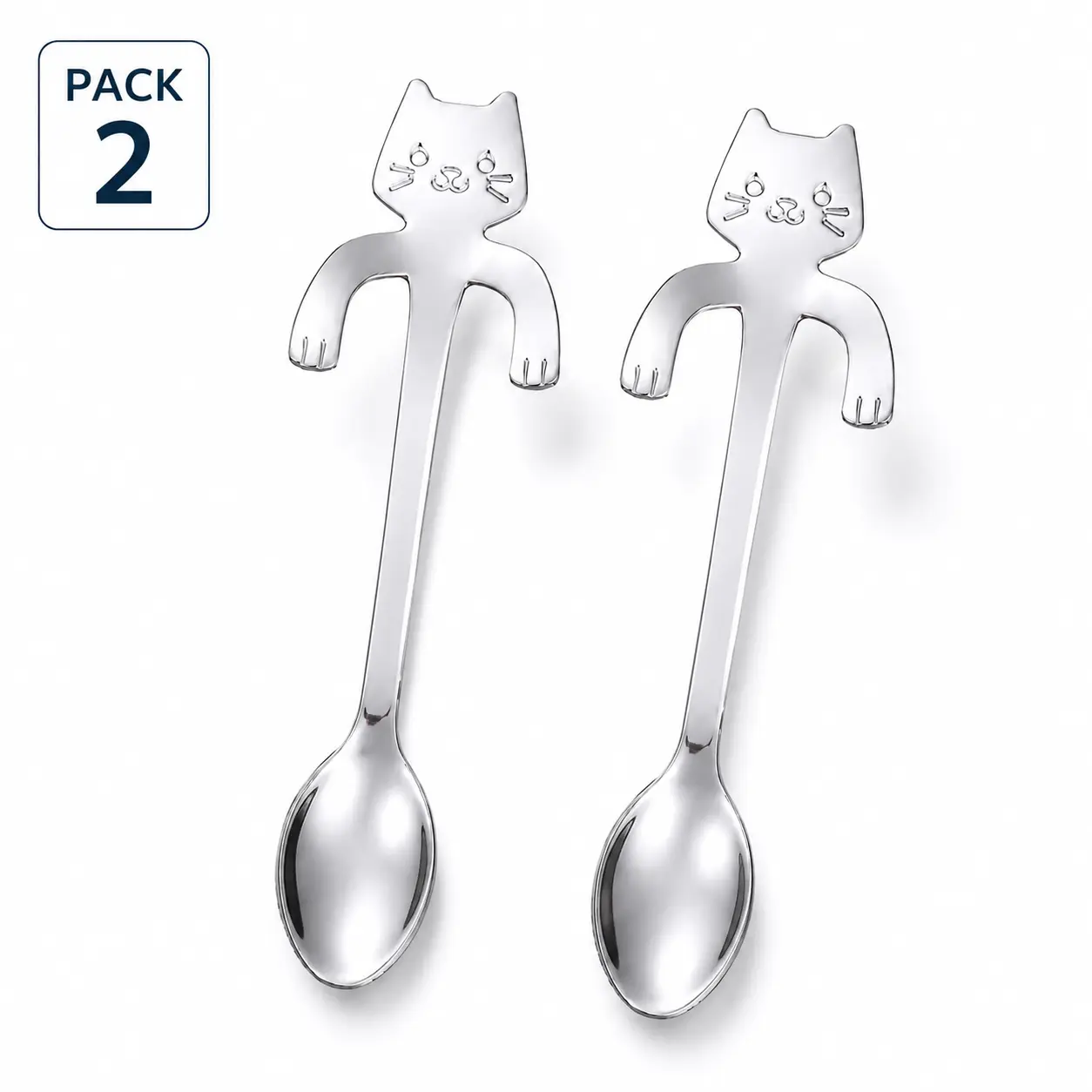 304 Stainless Steel Cat Coffee Spoons, 4.5 in Mini Espresso & Tea Teaspoons for Dessert, Ice Cream & Sugar, Silver, Pack of 2